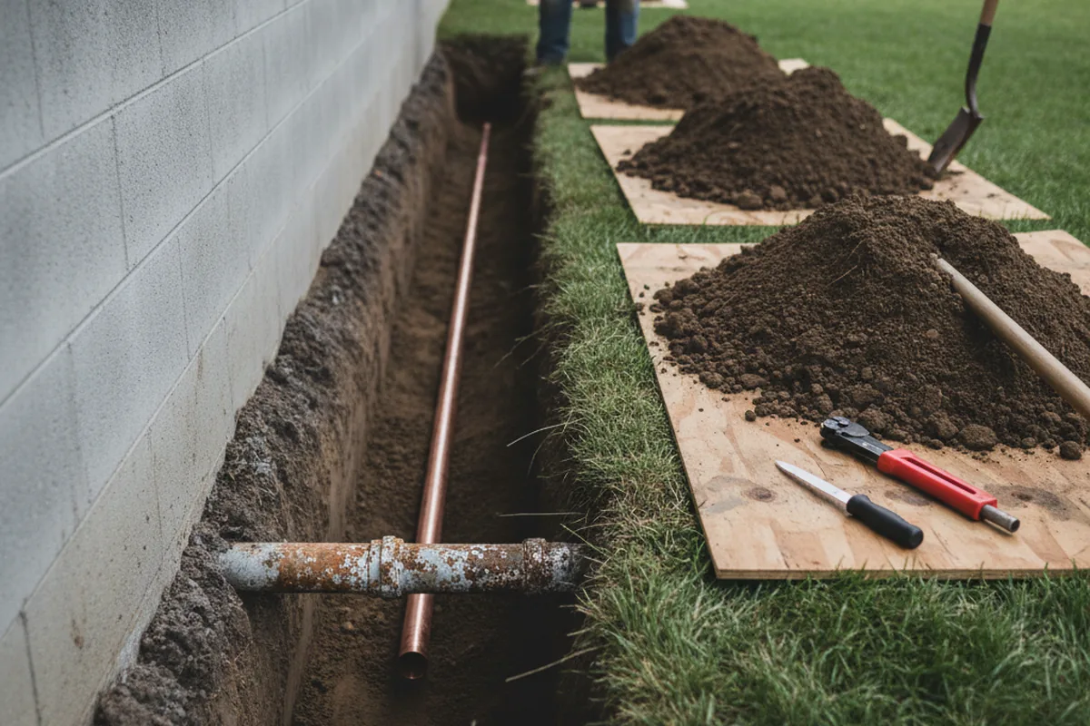 Excavated water line trench during Sewer Line Repair in Umatilla